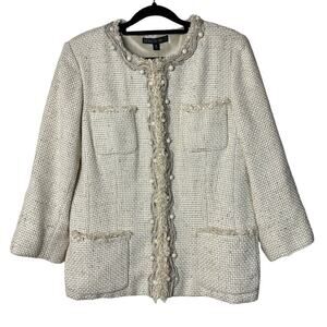 Lafayette 148 New York Blazer Jacket Tweed Fringe Bead Preppy Silk Beige Tan 14